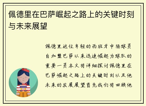 佩德里在巴萨崛起之路上的关键时刻与未来展望